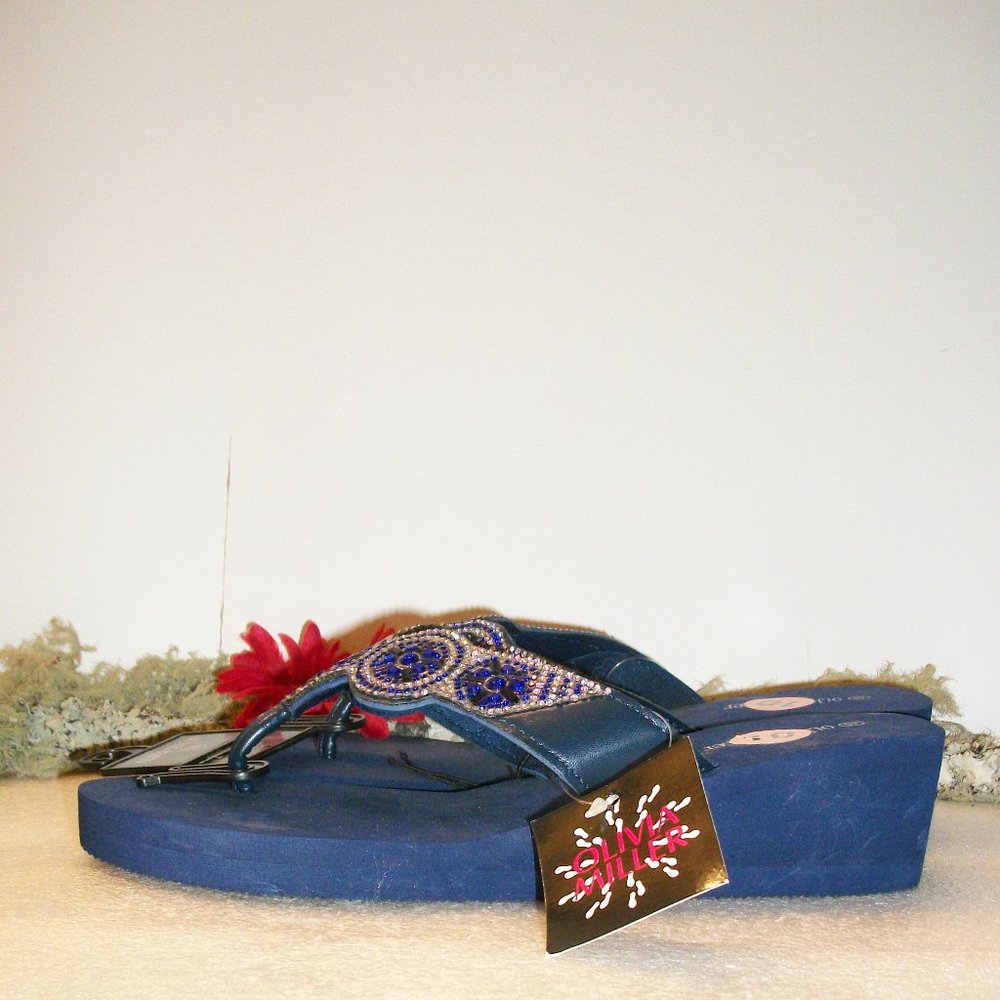 SOLD! OLIVIA MILLER Sz 10 Blue Beaded Thong Sandals NWT 1 3/4" Foam Wedge Heel - Picture 4 of 15